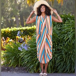 DUBGEE By Whoopi Long Draped multi Color Striped Dress, size S, NWT